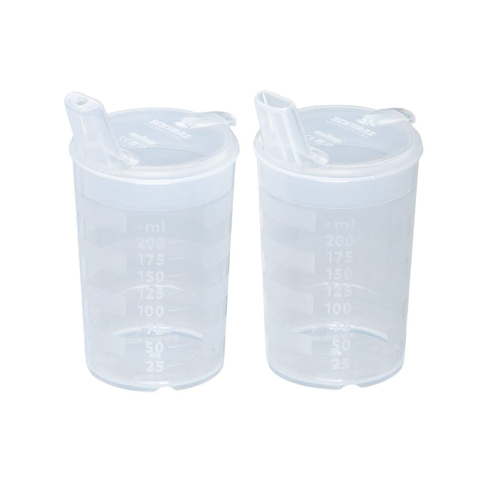 The melinip spout cup ECO by Helmut Schwarz GmbH consists of two transparent measuring cups with snap lids, clear ml markings from 25 ml to 200 ml, and 4 mm flip spouts; perfect for precise use in hospitals or doctor's offices. Delivered in a pack of 10.