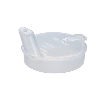 The melinip spout cup ECO drinking lid from Helmut Schwarz GmbH is a transparent plastic lid with an ergonomic mouthpiece and hinge. Embossed text and symbols indicate the use of drinking utensils. It has a plain white background, is dishwasher safe, and is delivered in a bag of 10.