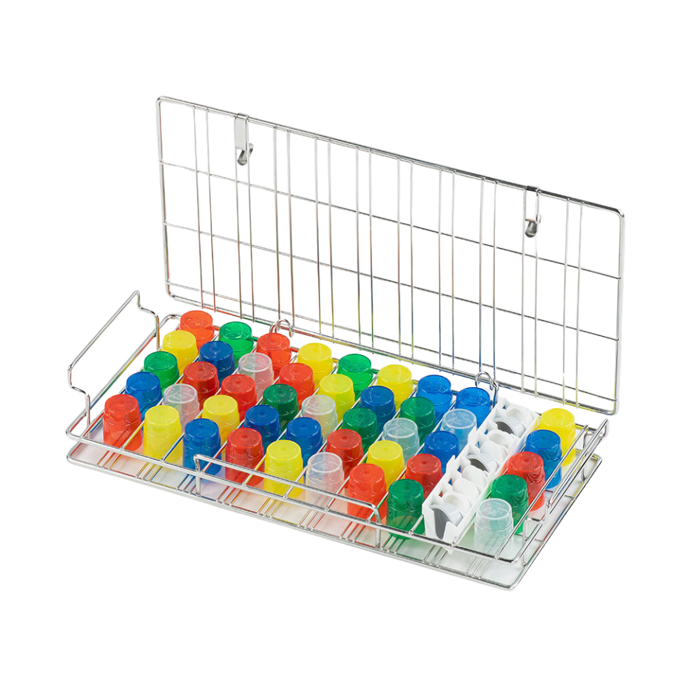 The melipul cup rinsing basket made of stainless steel in large from Helmut Schwarz GmbH is designed for hygienic cleaning and offers space for multicolored test tube caps in red, blue, green, and yellow. The foldable wire lid stays open for easy access, while side holders provide additional storage space for more caps or even medicine cups, ensuring order and comfort.