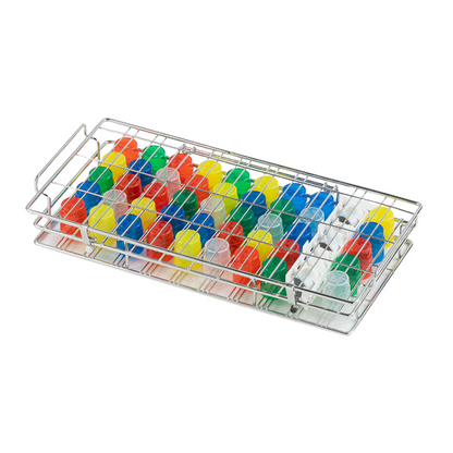 A stainless steel frame, similar to the melipul cup rinsing basket made of stainless steel in large from Helmut Schwarz GmbH, holds rows of bright plastic pipette tips in red, yellow, green, blue, and white. It is ideal for laboratory use and ensures hygienic cleaning and features a convenient handle on one side.