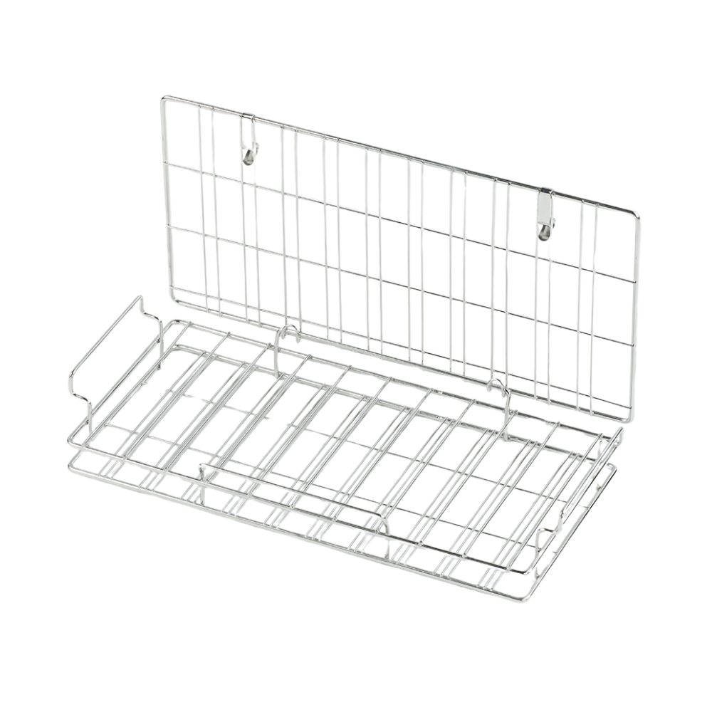 The Melipul cup rinsing basket made of stainless steel in large (1 piece) from Helmut Schwarz GmbH is a rectangular metal wire storage rack with a grid design, perfect for hygienic cleaning. It features hooks for wall mounting and has a flat bottom, making it ideal for organizing the stainless steel cup rinsing basket. The rack is presented against a plain white background.