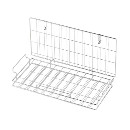 The Melipul cup rinsing basket made of stainless steel in large (1 piece) from Helmut Schwarz GmbH is a rectangular metal wire storage rack with a grid design, perfect for hygienic cleaning. It features hooks for wall mounting and has a flat bottom, making it ideal for organizing the stainless steel cup rinsing basket. The rack is presented against a plain white background.