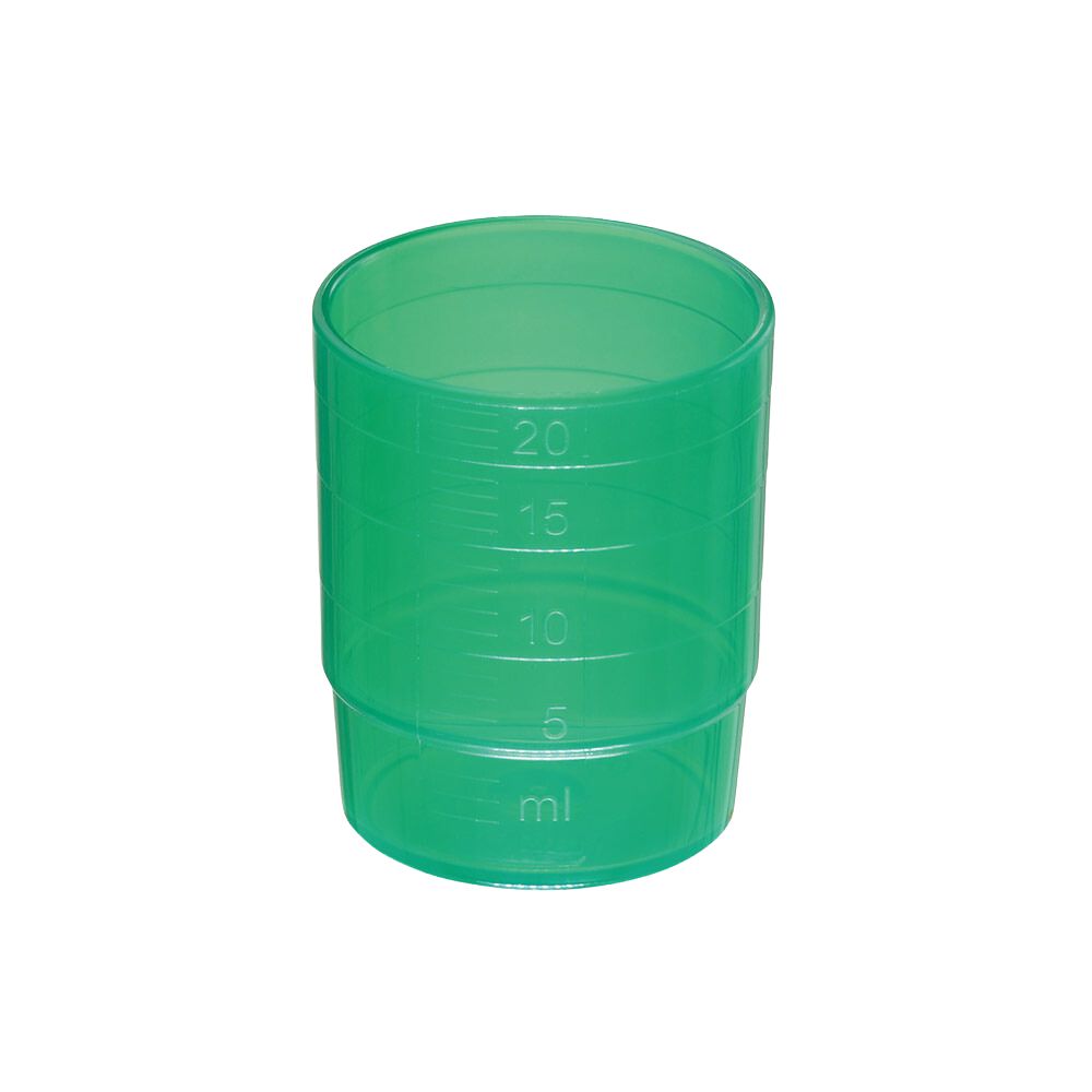 The melipul REUSABLE medication cup from Helmut Schwarz GmbH is a green, cylindrical, stackable 25 ml measuring cup made of polypropylene (PP) with markings from 5 ml to 20 ml, ideal for precise liquid measurement.