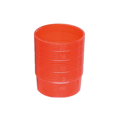 The melipul REUSABLE medication cup from Helmut Schwarz GmbH is a small, transparent-orange cylindrical measuring cup made of polypropylene (PP) with vertical lines for 5, 10, 15, and 20 ml. This stackable cup holds up to 25 ml and is depicted upright on a white background.