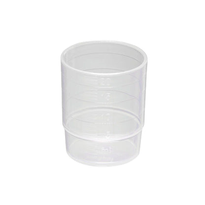 The melipul REUSABLE medication cup from Helmut Schwarz GmbH is a stackable, 25 ml capacity, transparent plastic cup made of polypropylene (PP) with precise measurement markings, perfect for versatile use in the kitchen - all on a plain white background.