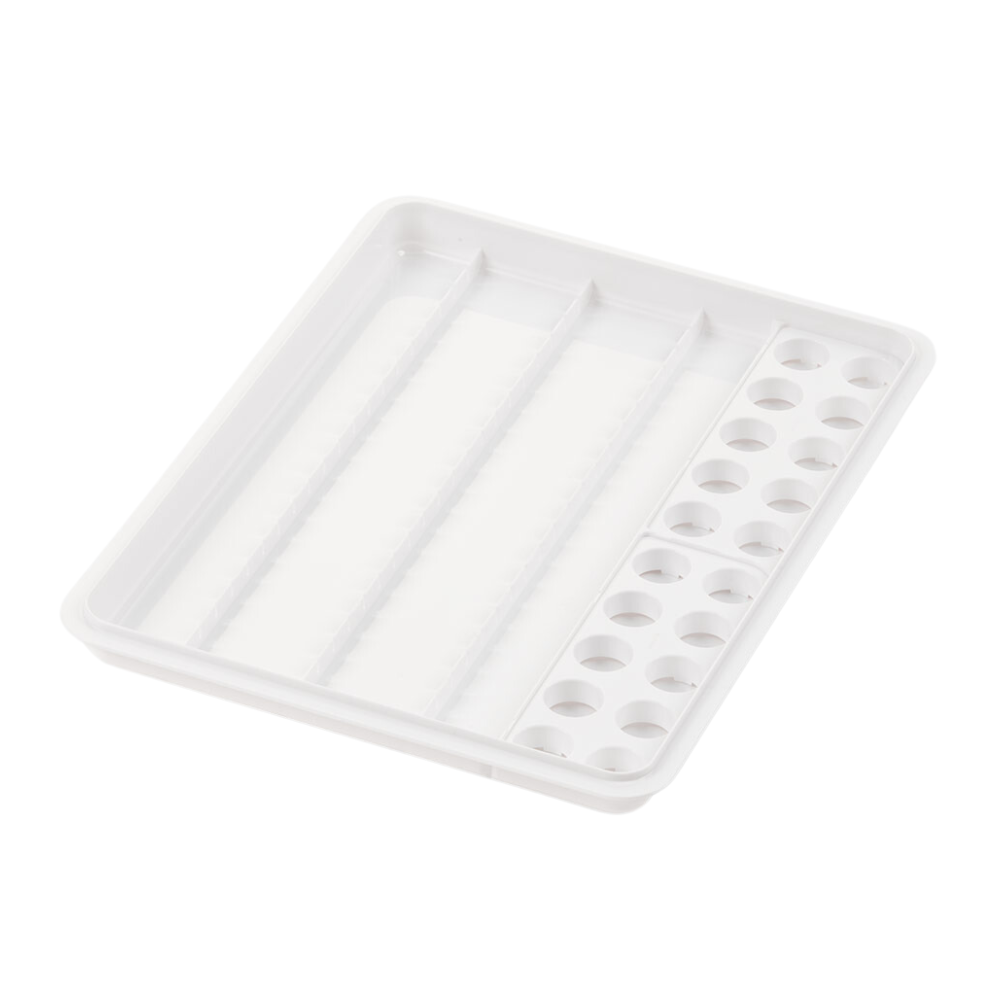 The mevipas dispenser cup tray 20D+20B from Helmut Schwarz GmbH is an excellent organization tray made of white plastic, featuring three long rectangular compartments and eighteen round recesses on the right side. It is perfect for efficiently organizing and mixing colors.