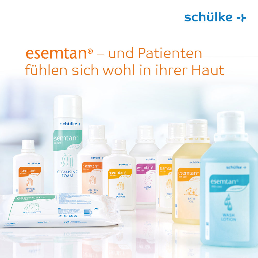 Discontinued item: Schülke esemtan® skin care washing lotion 1 liter hyclick (bottle, 1 l) by Schülke & Mayr GmbH is depicted against a bright background with the Schülke logo and German text above it.