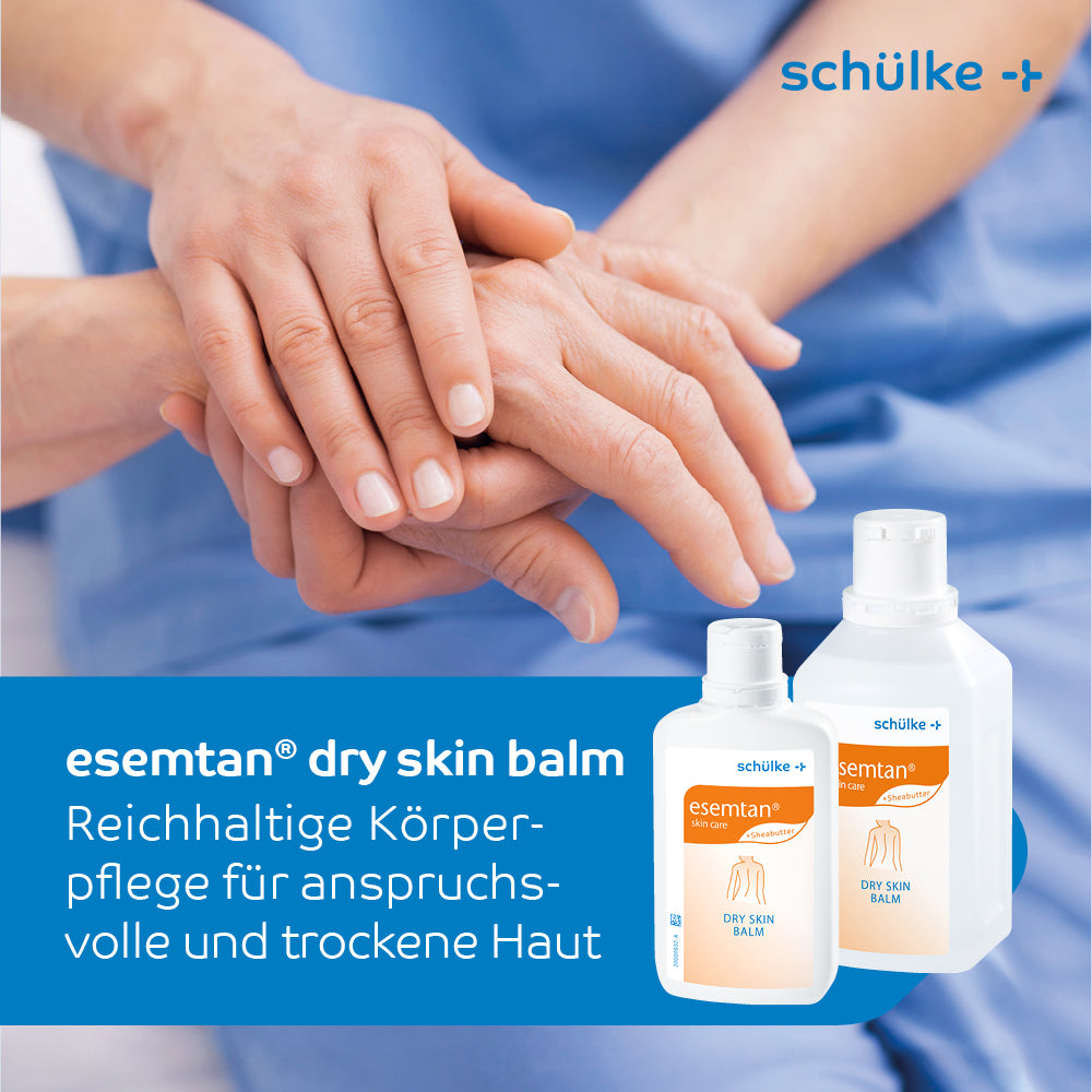 A person in blue clothing applies Schülke esemtan® dry skin balm, Body Care Balm - 500 ml | Bottle (500 ml) by Schülke & Mayr GmbH on their hands. The image shows two bottles of the product in the lower right corner, accompanied by a text in German describing the body care balm as a rich body care for demanding and dry skin.