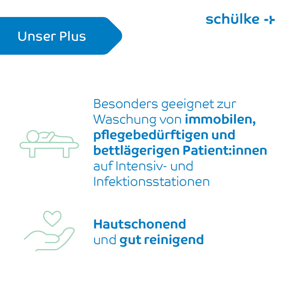 A graphic with text advertising products from Schülke & Mayr GmbH and highlighting their suitability for washing immobile and bedridden patients in intensive and infection wards. It states that Schülke esemtan® wash gloves, 10-pack | Pack (10 gloves) are gentle on the skin and clean well. Contains simple symbols of a bed and a hand with a heart.