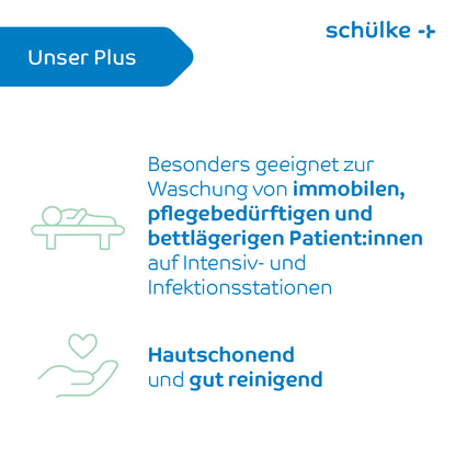 A graphic with text advertising products from Schülke & Mayr GmbH and highlighting their suitability for washing immobile and bedridden patients in intensive and infection wards. It states that Schülke esemtan® wash gloves, 10-pack | Pack (10 gloves) are gentle on the skin and clean well. Contains simple symbols of a bed and a hand with a heart.