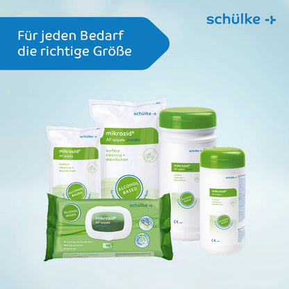 The image shows various surface cleaning and disinfection products from the brand Schülke & Mayr GmbH, including three packs of Schülke Mikrozid AF Wipes Premium Disinfectant Wipes - 50 wipes | pack (50 wipes) and two bottles of Mikrozid Disinfectant Wipes. The German text reads "The right size for every need."