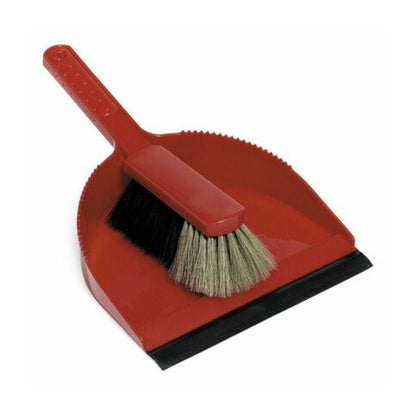 The Nölle Profi Brush Sweeping Set from Nölle Profi Brush Brush & Paint Technique e.K. consists of a red dustpan with a black rubber edge and a small hand brush. The broom has a red handle and mixed synthetic bristles, combining black and beige bristles for efficient cleaning.