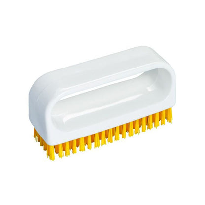 The Haug nail brush with handle from Haug Bürsten KG is a rectangular white scrubbing brush with an open handle and bright orange bristles, ideal for professional use and ensuring impeccable hygiene for versatile cleaning requirements. Dimensions: 90x30x50 mm.