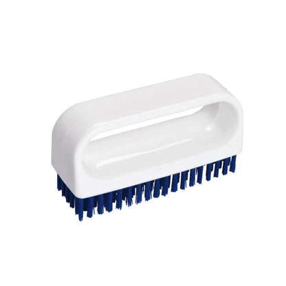 The Haug nail brush with handle from Haug Bürsten KG is a white hand scrubbing brush with a rectangular handle and blue bristles, ideal for maintaining impeccable hygiene in a professional environment.