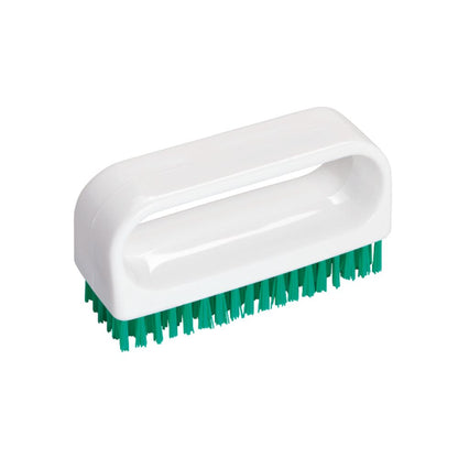 The Haug nail brush with handle from Haug Bürsten KG is a white plastic hand brush with green bristles and an oval handle with a hollow center for easy gripping, ideal for professional hygiene applications. Dimensions: 90 x 30 x 50 mm.