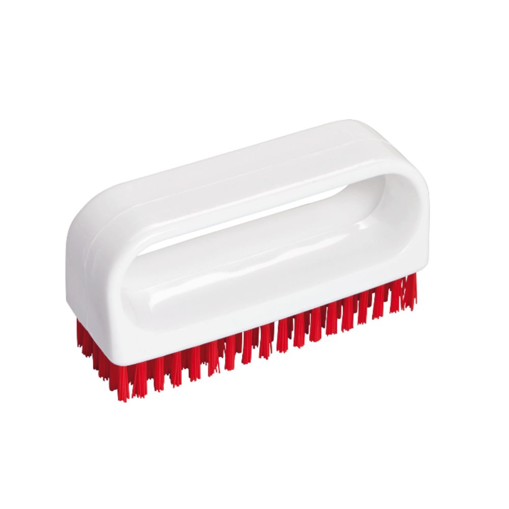 We present the Haug nail brush with handle from Haug Bürsten KG, a scrubbing brush with a white handle and red bristles for excellent hygiene. Its extended handle has an open area for easy gripping, and the densely packed bristles in a rectangular shape make it ideal for professional use.
