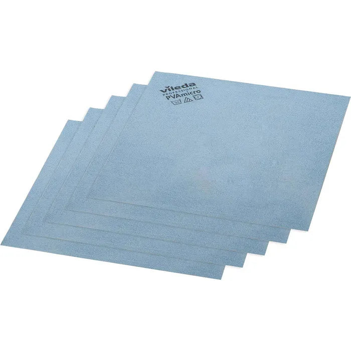 Five blue Vileda Professional PVAmicro microfiber cloths from Vileda GmbH made of high-quality microfibers are stacked slightly offset. On the top cloth, the brand logo and icons are prominently placed, emphasizing the premium quality.