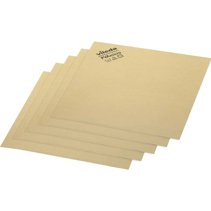 A set of four neatly stacked Vileda Professional PVAmicro microfiber cleaning cloths in beige, each with text in the upper corner and developed by Vileda GmbH for superior performance.
