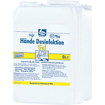 A white 5-liter container labeled "Dr. Becher Hand Disinfection Gel" is provided with German text and certification logos. This skin-friendly gel from Dr. Becher GmbH is intended for hygienic hand cleaning and prominently displays usage and manufacturing details.