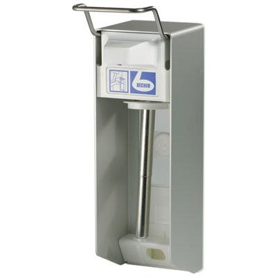 The Dr. Becher wall dispenser with aluminum housing from Dr. Becher GmbH features a hygienic dispensing system and an elegant design for wall mounting with a silver lever. It has a white plastic front with a label and a robust metal nozzle for soap dispensing.