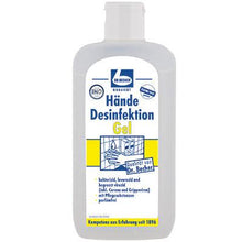 Dr. Becher Hand disinfection gel has a white flip-top cap, a blue-white label in German, and is a skin-friendly hand disinfectant gel that fights bacteria and viruses.