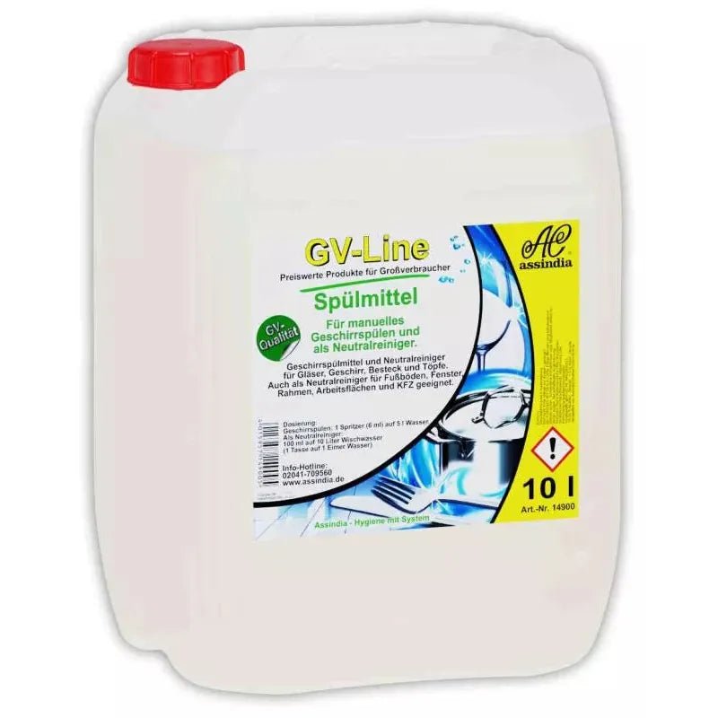 A 10-liter plastic container of GastroPower GV detergent from Abena Re-Seller GmbH, designed for manual dishwashing and cleaning - ideal as a professional dish cleaner. Delivered as 1 package (1x10L).