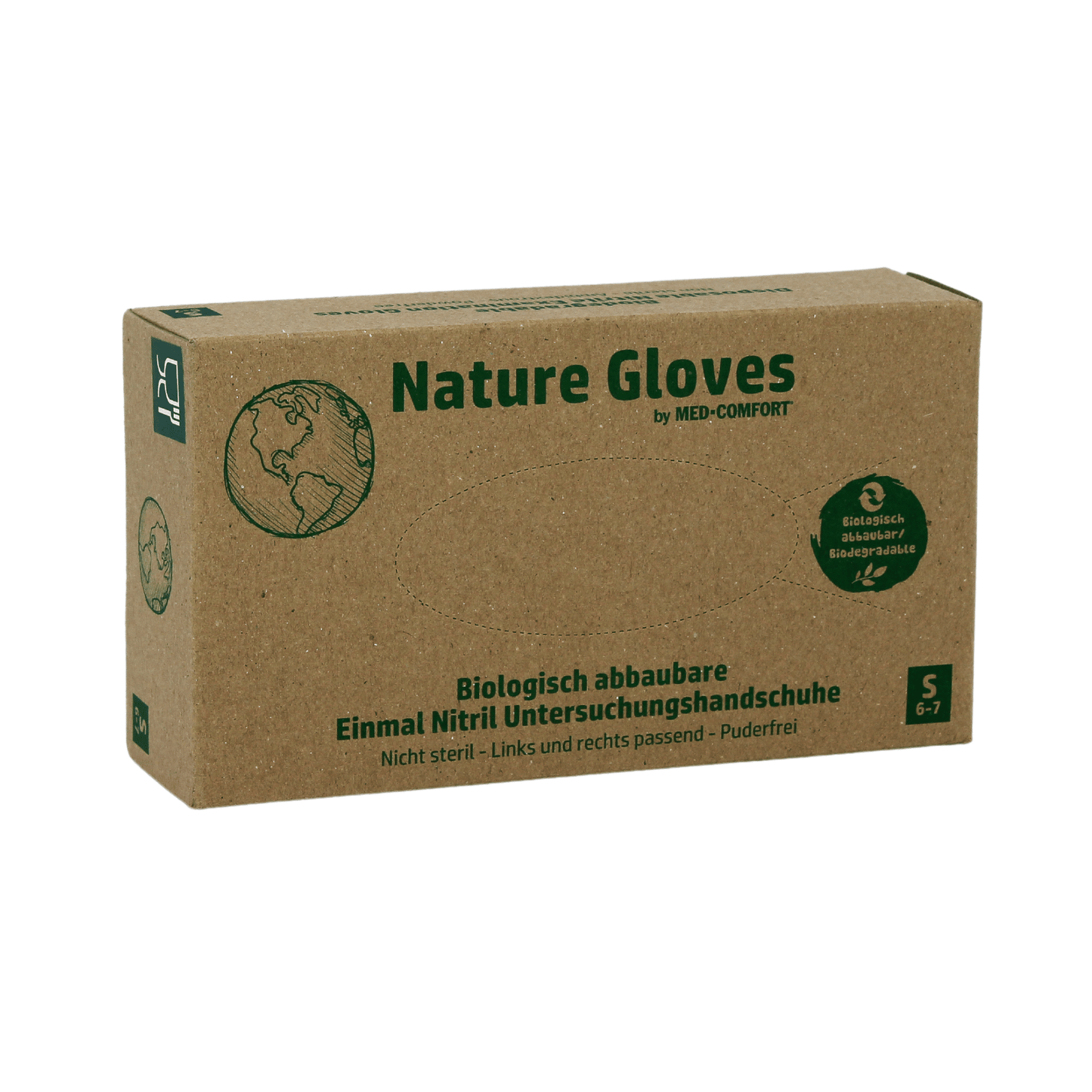 A carton with biodegradable nitrile examination gloves from AMPri Nature Gloves, labeled in German with “Nitrile Gloves Biodegradable” and a symbol indicating they are biodegradable. The carton contains powder-free gloves in size Small (6-7) from AMPri Handelsgesellschaft mbH.