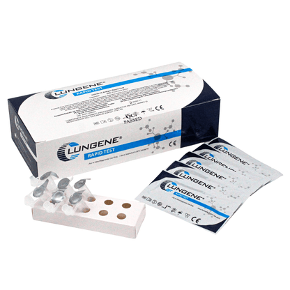 A Clungene Antigen Rapid Test 25 pieces AT079/20 kit with packaging box, test cassettes, and a buffer solution; marked with the symbols “CE” and “QC passed”.