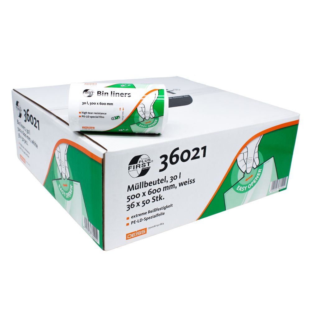 A box of DEISS First Plus® garbage bags is displayed with a roll of bags on top. The packaging indicates that each bag holds 30 liters and measures 500 x 600 mm. The color of the bags is white. The box highlights the DEISS First Plus brand with an Easy Opener design and bears the product number 36021 with green branding of EMIL DEISS KG (GmbH + Co.).