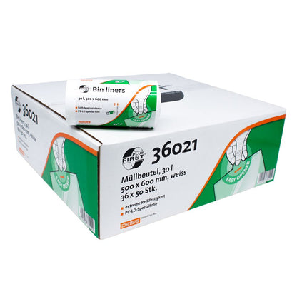 A box of DEISS First Plus® garbage bags is displayed with a roll of bags on top. The packaging indicates that each bag holds 30 liters and measures 500 x 600 mm. The color of the bags is white. The box highlights the DEISS First Plus brand with an Easy Opener design and bears the product number 36021 with green branding of EMIL DEISS KG (GmbH + Co.).