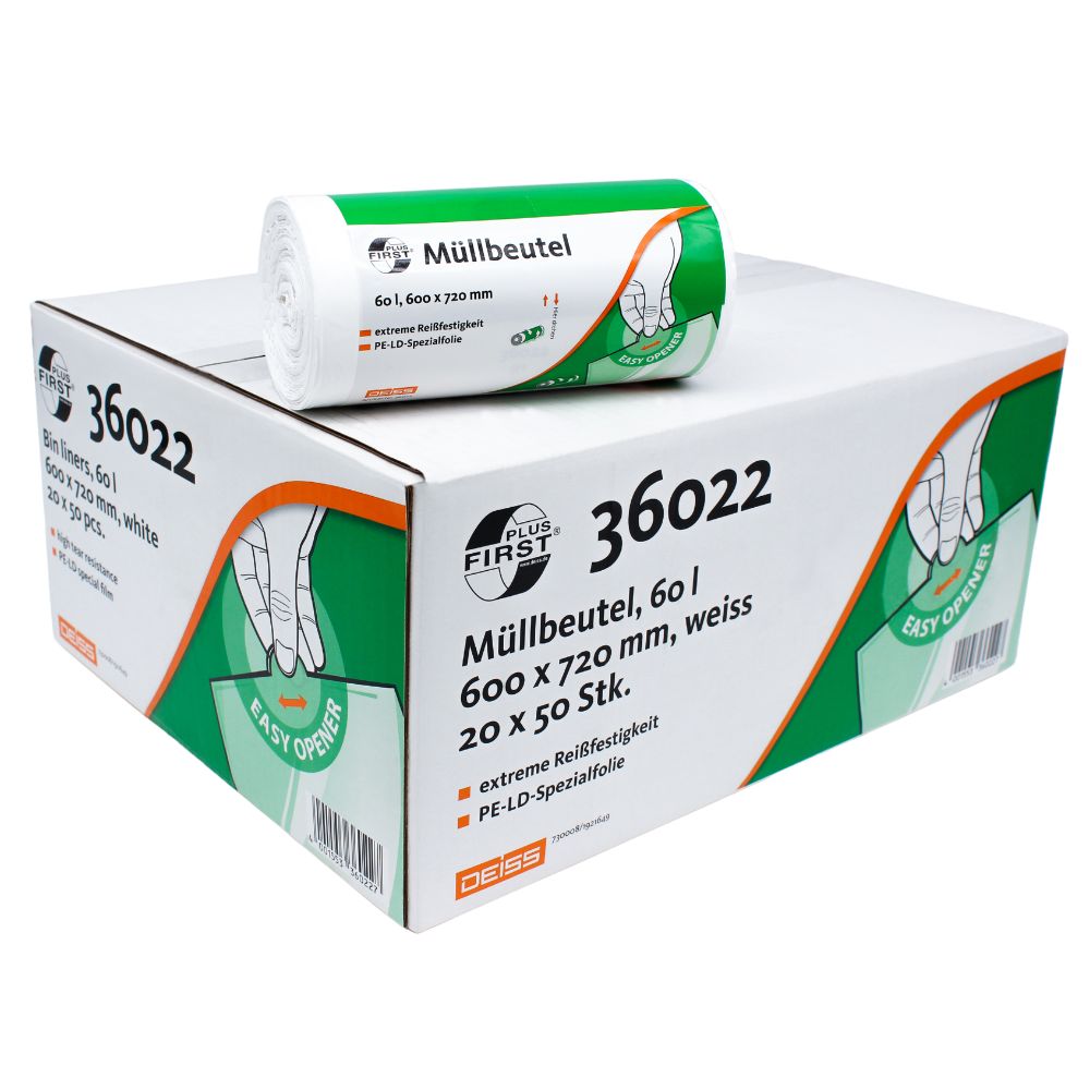 Pictured is the DEISS First Plus® trash bag 60 liters, Premium-LDPE, model 36022 from EMIL DEISS KG (GmbH + Co.). The robust box made of Premium-LDPE is provided with product information and images and has a bag roll on it. The design with the features "Easy Opener" and "Extreme Tear Resistance" ensures comfort and reliability in daily use.