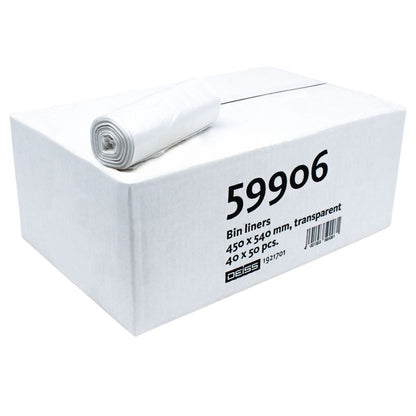 A box of DEISS HDPE garbage bags 20 liters, marked with the code "59906", contains white garbage bags made from recycled material. The box measures 450 x 540 mm and contains 40 rolls, each roll consisting of 50 pieces, highlighting their high film elasticity. A roll is pictured on top of the box. This product is provided to you by EMIL DEISS KG (GmbH + Co.).