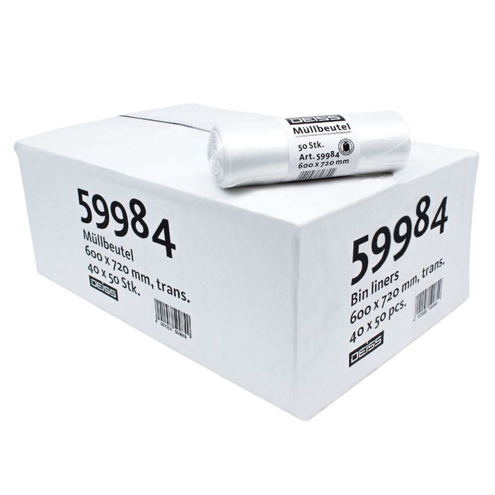 A smaller roll of garbage bags is placed on a white box with product information. The text contains the details "DEISS HDPE garbage bags 60 liters, 59984, white" and the dimensions "600 x 720 mm, 40 x 50 PCS". It was developed by EMIL DEISS KG (GmbH + Co.) to ensure optimal film elasticity for effective waste management.