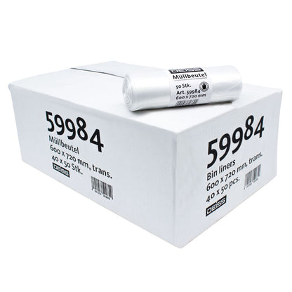 A smaller roll of garbage bags is placed on a white box with product information. The text contains the details "DEISS HDPE garbage bags 60 liters, 59984, white" and the dimensions "600 x 720 mm, 40 x 50 PCS". It was developed by EMIL DEISS KG (GmbH + Co.) to ensure optimal film elasticity for effective waste management.