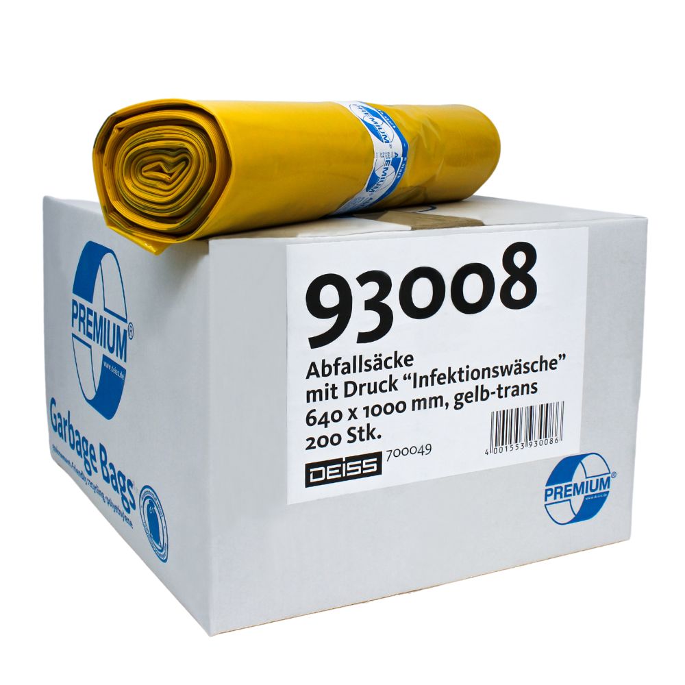 On a carton labeled “DEISS Premium® Infection Laundry Bag 93008, 85 liters” from the brand EMIL DEISS KG (GmbH + Co.), there is a roll of yellow bags on top. The label reads “93008 Garbage Bags with Print ‘Infection Laundry’ 640 x 1000 mm, yellow-trans, high tear resistance, recycled LDPE, infection laundry bag, 200 pcs.”