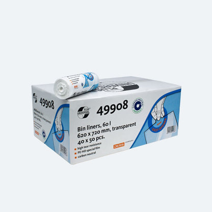 A box and a roll of transparent DEISS Universal Plus® 60-liter garbage bags with the label "49908", manufactured by EMIL DEISS KG (GmbH + Co.). The box contains 40 rolls, each with a capacity of 60 liters and dimensions of 620 x 720 mm. The packaging made from HDPE is characterized by features such as high tear resistance and CO2 neutrality.