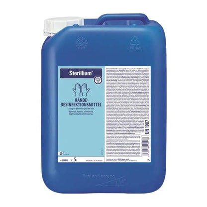 A blue 5-liter canister labeled “Sterillium® hand disinfectant” with detailed product information and instructions for use on the label.