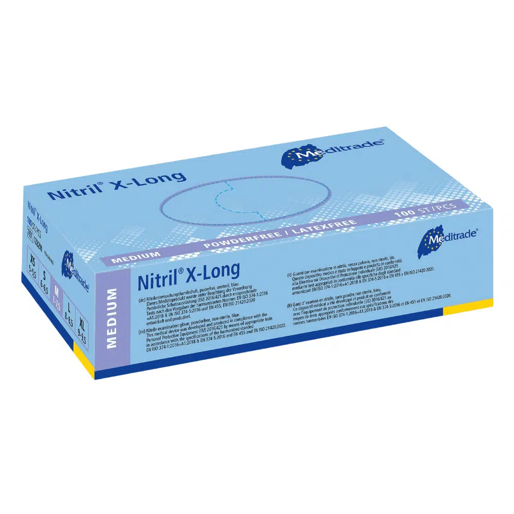 A box of Meditrade Nitril® 3000 X-Long 100 pcs. nitrile gloves extra long, blue disposable gloves by Meditrade GmbH, on a white background. The box is blue with text indicating that the gloves are powdered.