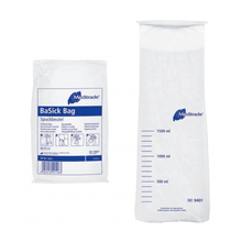 Two views of a Meditrade GmbH Meditrade BaSick vomit bag package (25 bags), a 1000 ml polyethylene vomit bag with blue lettering, showing front and back design, with text and usage.