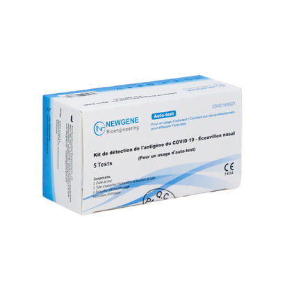 A box of Newgene Covid-19 Antigen Rapid Test CE/1434 antigen rapid test kits containing 5 nasal swab tests, labeled in French. The packaging is blue and white and includes certification and usage information.