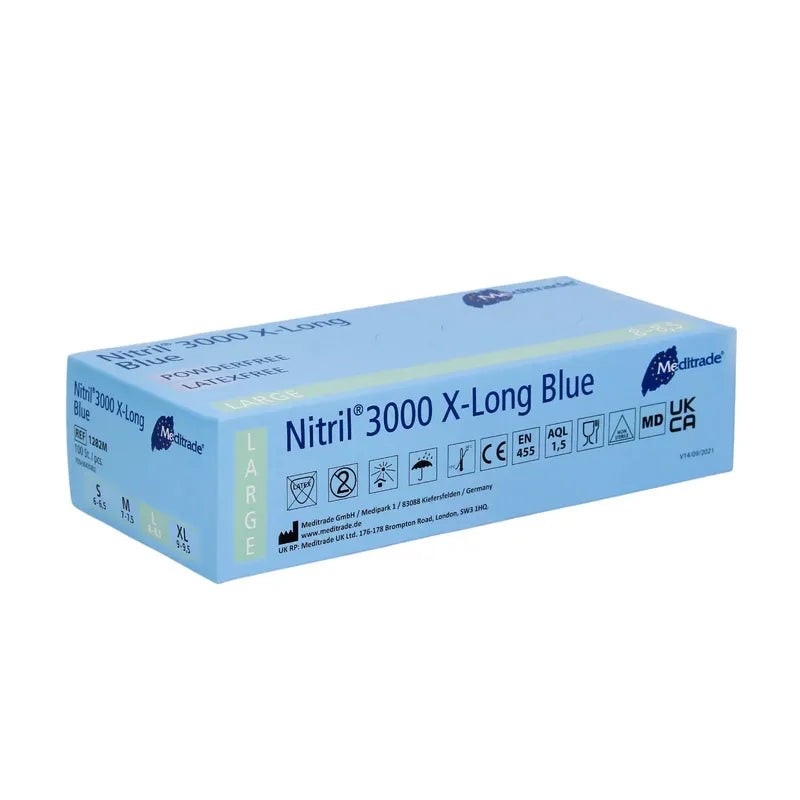 A box of Meditrade Nitril® 3000 X-Long 100 pcs. nitrile gloves extra long, blue extra-long nitrile gloves in large size. The packaging is blue and white, marked with various certifications like CE.