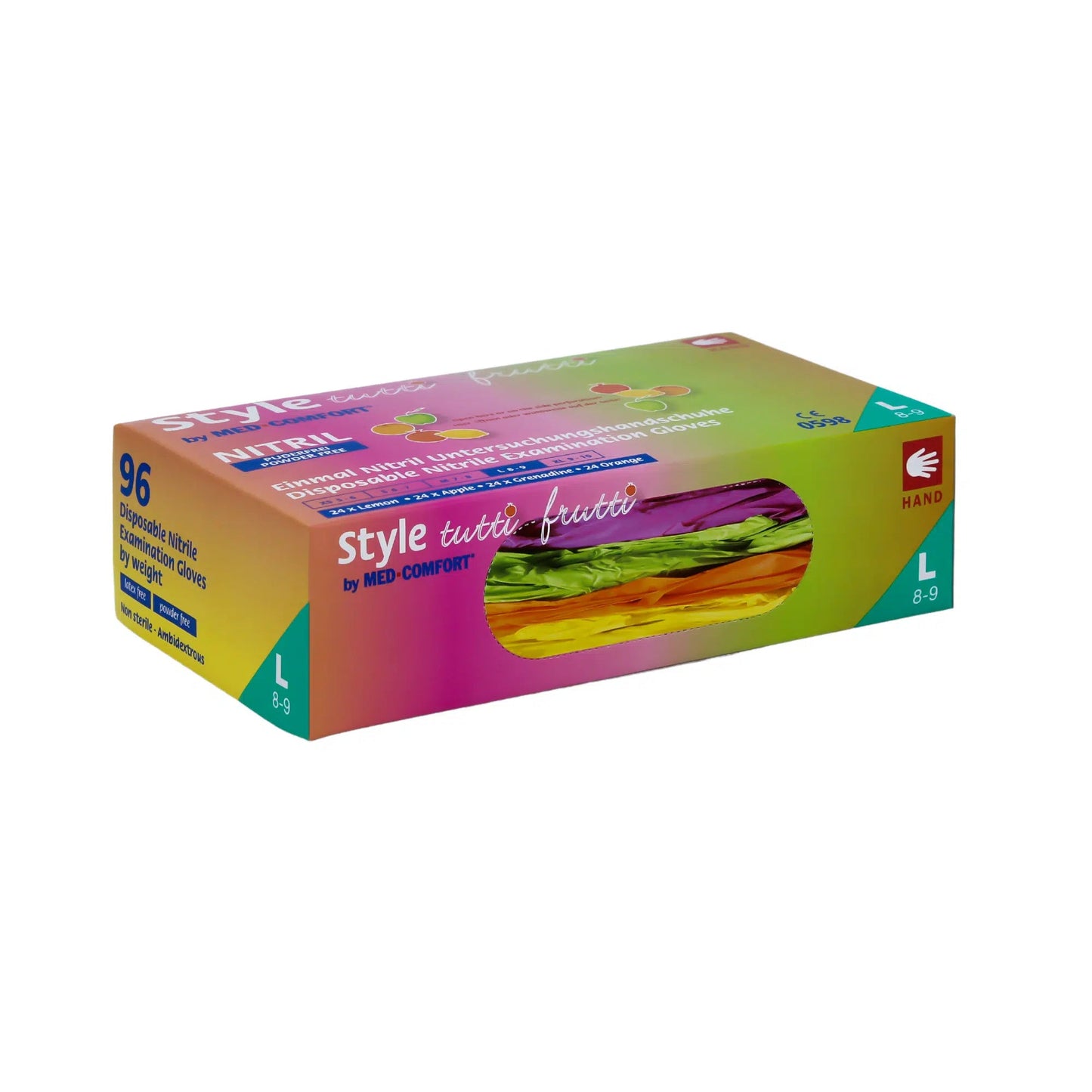 A rectangular box with AMPri Med-Comfort Colorful Nitrile Gloves from AMPri Handelsgesellschaft mbH. The multicolored box features a clear window through which the powder-free, chemical-resistant nitrile gloves inside are visible. The label indicates size L (8-9) and contains 96 gloves.