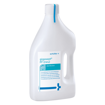 A bottle of Schülke gigasept® instru FF instrument disinfectant from Schülke & Mayr GmbH in a white container with a blue cap and label with product information and application possibilities.